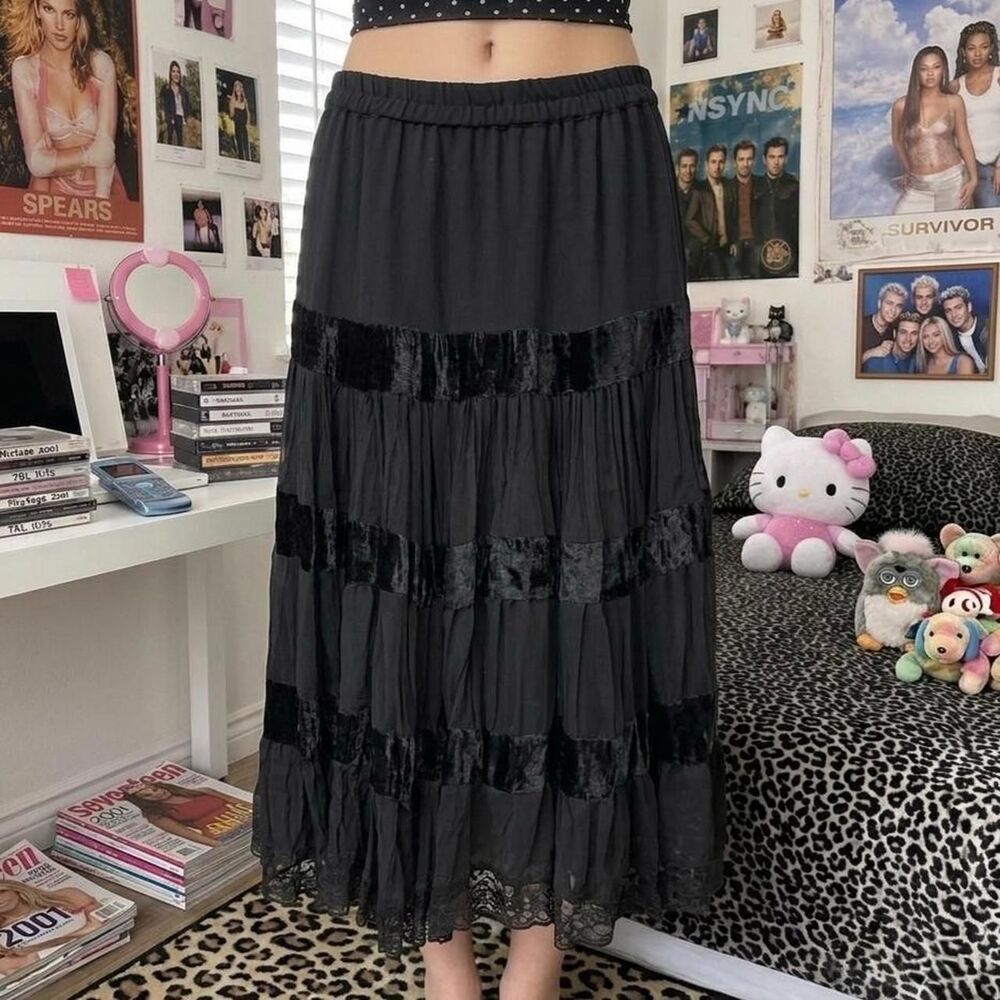Vintage Just Cruising Black Lace Tiered Midi Skirt Whimsigoth Large Witchy Vampy